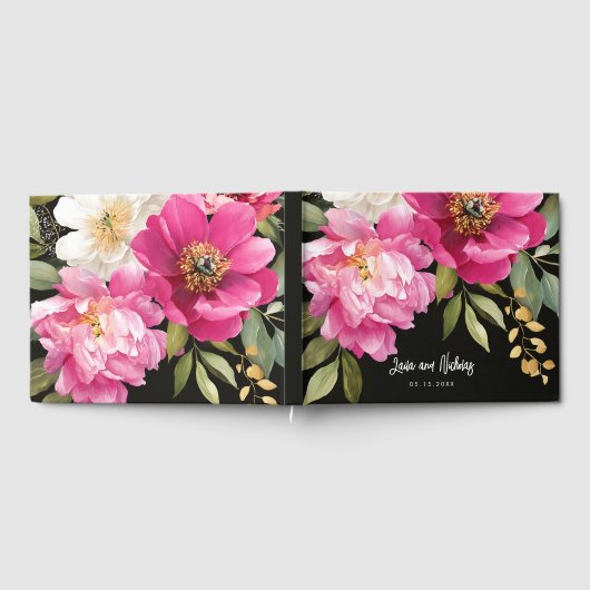 Roze en witte Waterverf pioenroos bloemenbruiloft Gastenboek (Volledig)