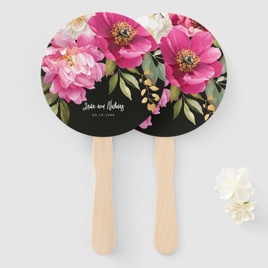 Roze en witte Waterverf pioenroos bloemenbruiloft Handwaaier (Voorkant en achterkant)