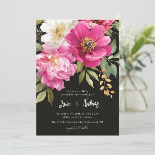 Roze en witte Waterverf pioenroos bloemenbruiloft Kaart (Staand voorkant)