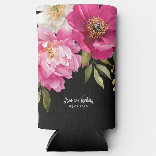 Roze en witte Waterverf pioenroos bloemenbruiloft Seltzer Blikjeskoeler (Voorkant)