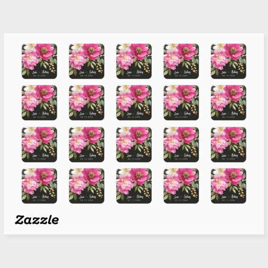 Roze en witte Waterverf pioenroos bloemenbruiloft Vierkante Sticker (Vel)