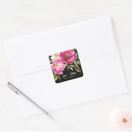 Roze en witte Waterverf pioenroos bloemenbruiloft Vierkante Sticker (Envelop)