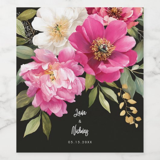 Roze en witte Waterverf pioenroos bloemenbruiloft Wijn Etiket (Enkel label)