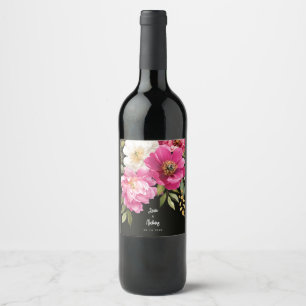 Roze en witte Waterverf pioenroos bloemenbruiloft Wijn Etiket