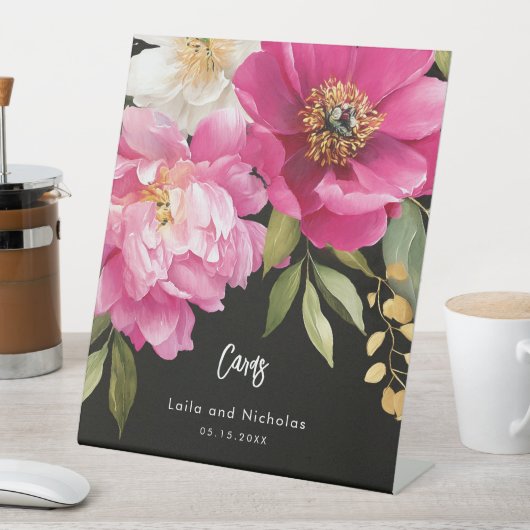 Roze en witte Waterverf pioenroos trouwkaarten Reclamebord Met Voetstuk (Insitu)