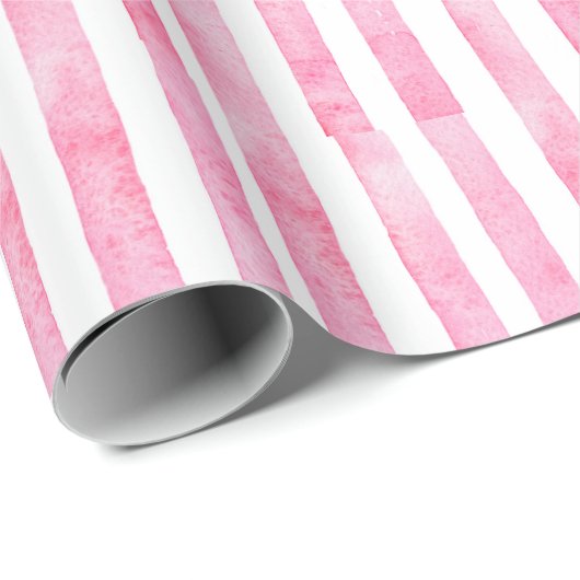 Roze en witte Waterverf Stripe Cadeaupapier (Rol Hoek)
