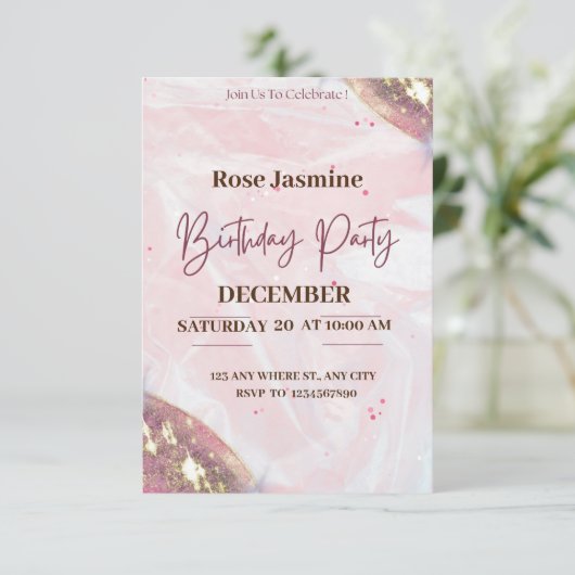Roze en witte waterverf verjaardagsfeestje kaart (Staand voorkant)
