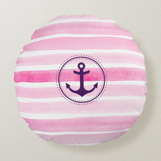 Roze en witte Waterverven Trendy Anchor Rond Kussen (Voorkant)