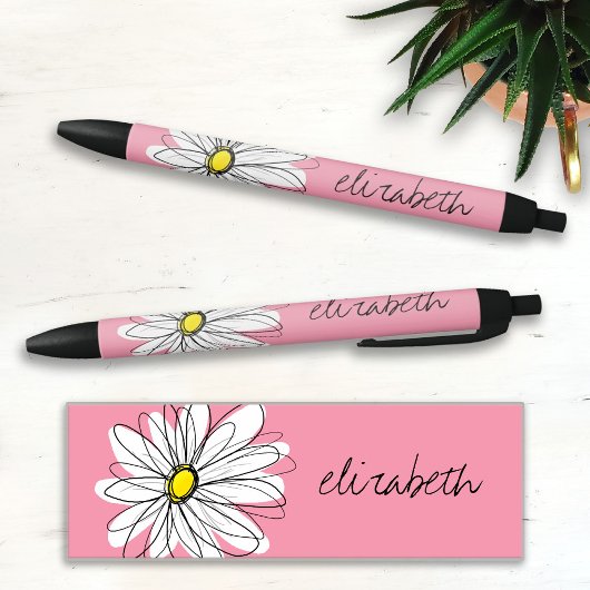 Roze en Witte Whimsical Daisy met aangepaste tekst Zwarte Inkt Pen