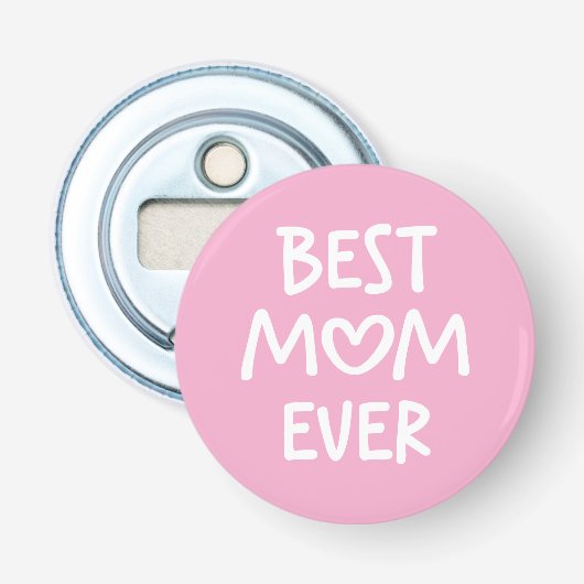 Roze en Witte Whimsical Hart Beste Moeder Ooit Button Flesopener (Voorkant)