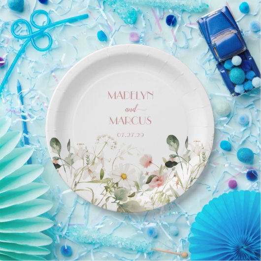 Roze en witte wilde bloemen bruiloft receptie papieren bordje (Feest)