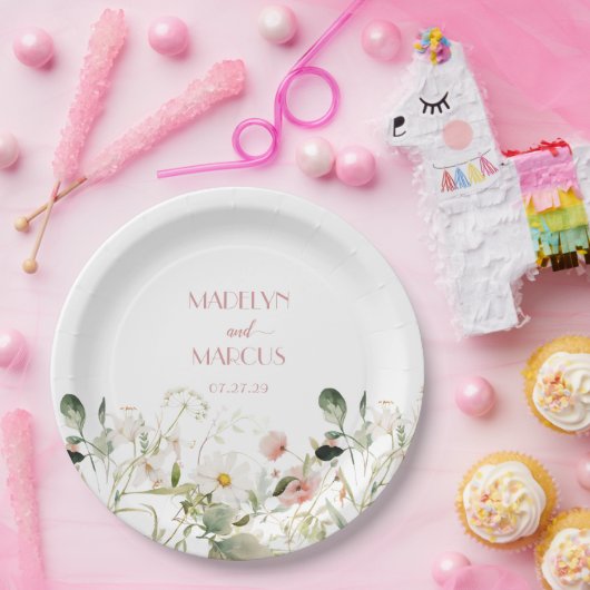 Roze en witte wilde bloemen bruiloft receptie papieren bordje (Feest)