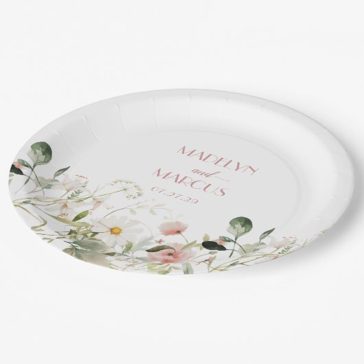 Roze en witte wilde bloemen bruiloft receptie papieren bordje (Gekanteld)