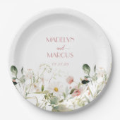 Roze en witte wilde bloemen bruiloft receptie papieren bordje (Voorkant)