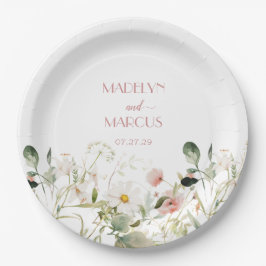 Roze en witte wilde bloemen bruiloft receptie papieren bordje