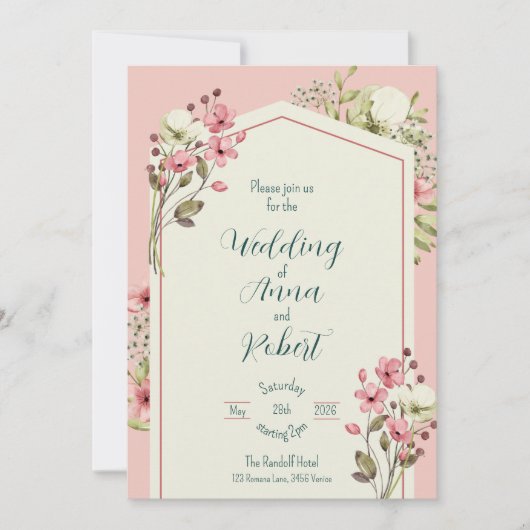 Roze en witte wilde bloemen geometrische bruiloft kaart (Voorkant)