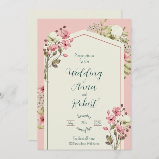 Roze en witte wilde bloemen geometrische bruiloft kaart (Voorkant / Achterkant)