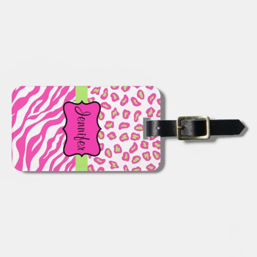Roze en witte Zebra en Cheeta Huid op maat Bagagelabel (Voorkant horizontaal)