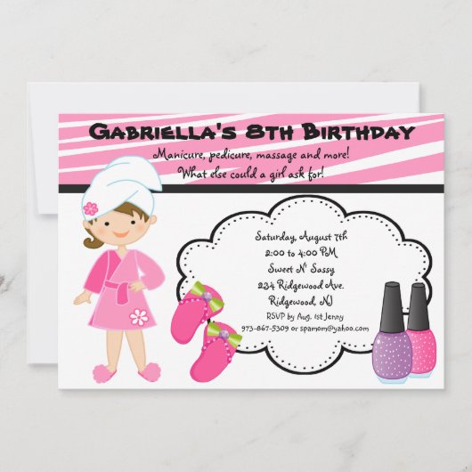 Roze en witte Zebra meisjes Spa nodigen uit Kaart (Voorkant)