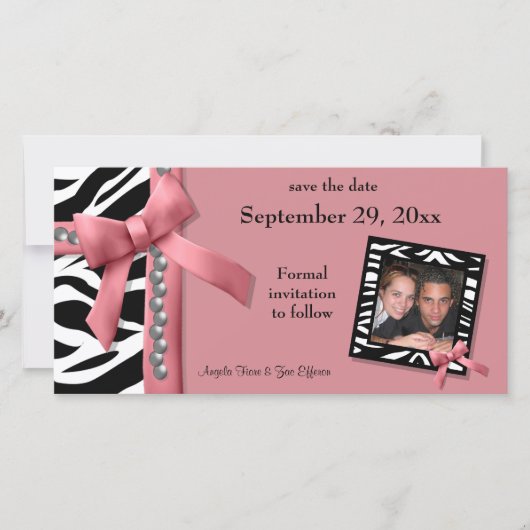 Roze en witte Zebra Sla de datumkaart op Save The Date (Voorkant)