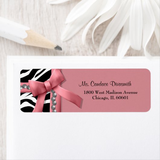 Roze en witte Zebra streep met zilveren Pareltjes Etiket (Insitu)