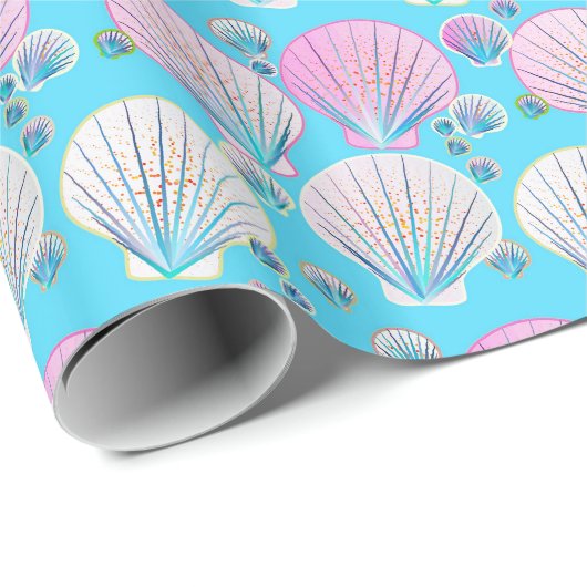 Roze en witte zeeschelpen op turquoise cadeaupapier (Rol Hoek)