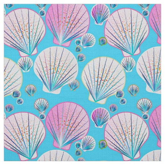 Roze en witte zeeschelpen op turquoise stof (Swatch)