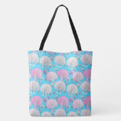 Roze en witte zeeschelpen op turquoise tote bag (Achterkant)