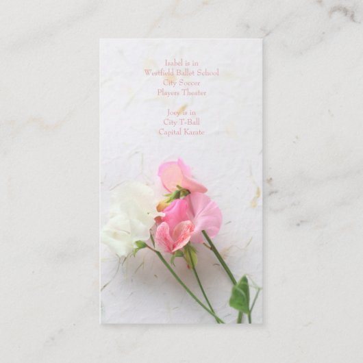 Roze en witte zoete erwten moeder contactkaartje (Achterkant)