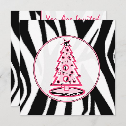 Roze en Zebra drukken kerstboomuitnodiging Kaart (Voorkant / Achterkant)