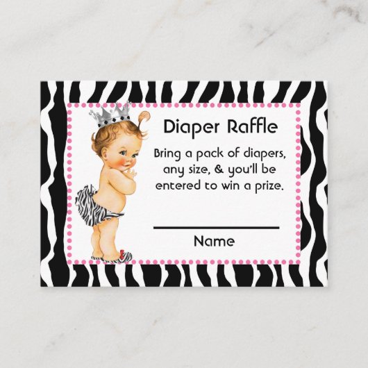 Roze en Zebra Print Kleine Prinses Luier Raffle Informatiekaartje (Voorkant)