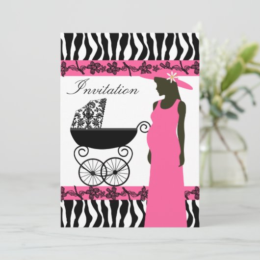 Roze en Zebra Uitnodiging (Staand voorkant)