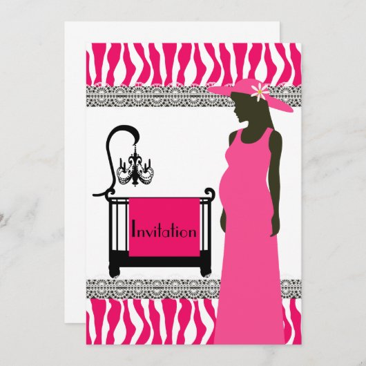Roze en Zebra Uitnodiging met Zwangerschap (Voorkant / Achterkant)