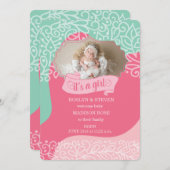 Roze en Zee Groen Het is een meisjesaankondiging Aankondiging (Voorkant / Achterkant)