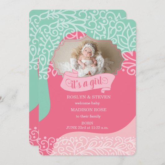 Roze en Zee Groen Het is een meisjesaankondiging Aankondiging (Voorkant / Achterkant)