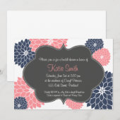 Roze en zeemacht Floral Bridal/Baby shower uitnodi Kaart (Voorkant / Achterkant)