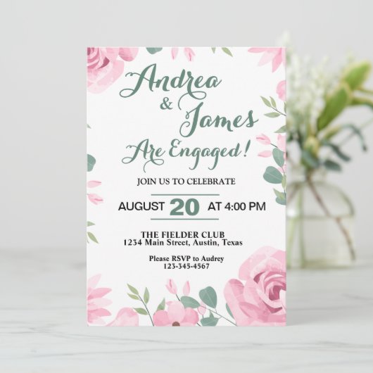 Roze en Zeevrucht Groene Engagement Party Kaart (Staand voorkant)