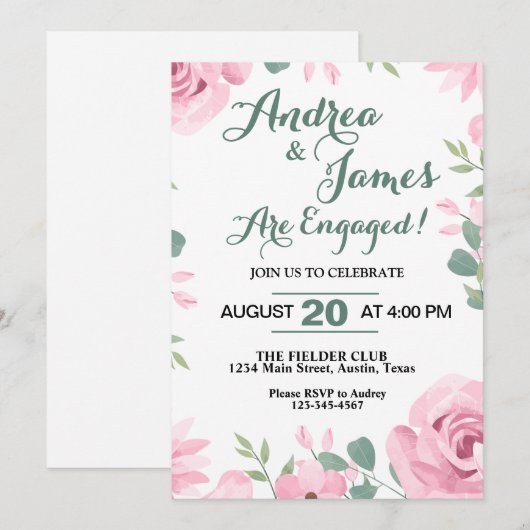 Roze en Zeevrucht Groene Engagement Party Kaart (Voorkant / Achterkant)