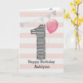 Roze en Zilver 1ste verjaardag meisje Kaart (Gele Bloem)