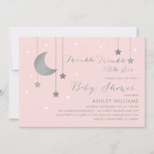 Roze en zilver Baby shower Kaart (Voorkant)