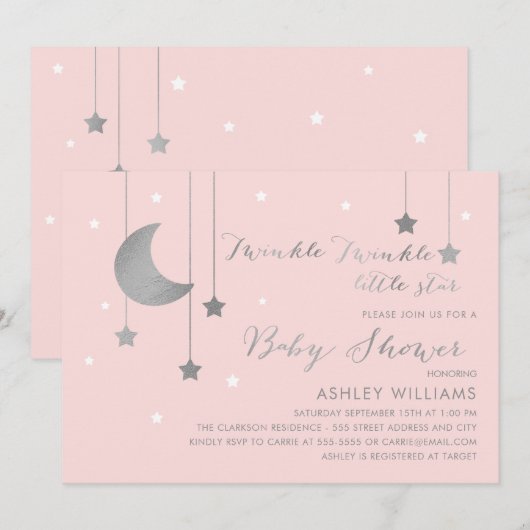 Roze en zilver Baby shower Kaart (Voorkant / Achterkant)