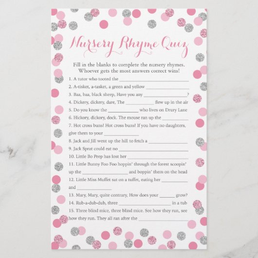 Roze en zilver Baby shower Nursery Rhyme Quiz (Voorkant)