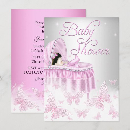 Roze en zilver Baby shower van vlinder Kaart (Voorkant / Achterkant)