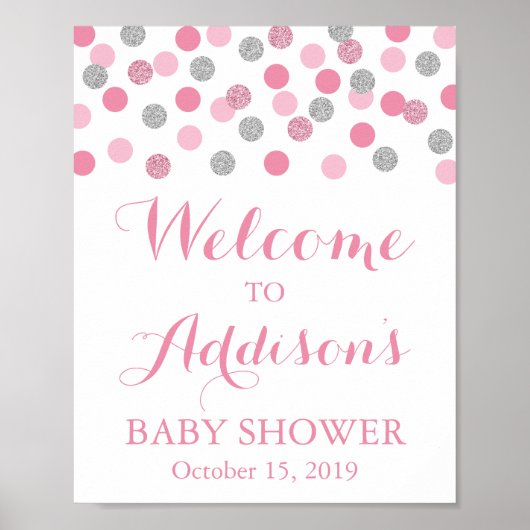 Roze en Zilver Baby shower Welkomstteken Poster (Voorkant)