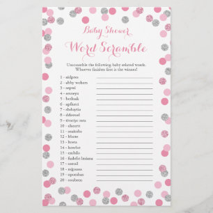 Roze en zilver Baby shower Word Scramble Game Flyer