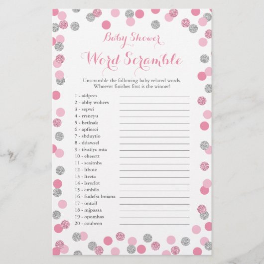 Roze en zilver Baby shower Word Scramble Game Flyer (Voorkant)