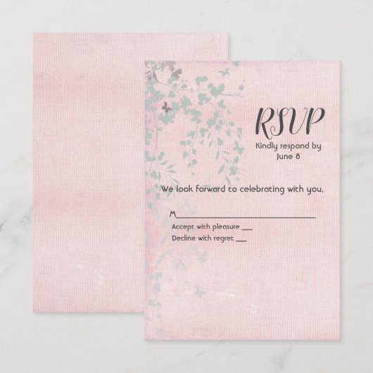 Roze en Zilver Blad RSVP Kaartje (Voorkant / Achterkant)