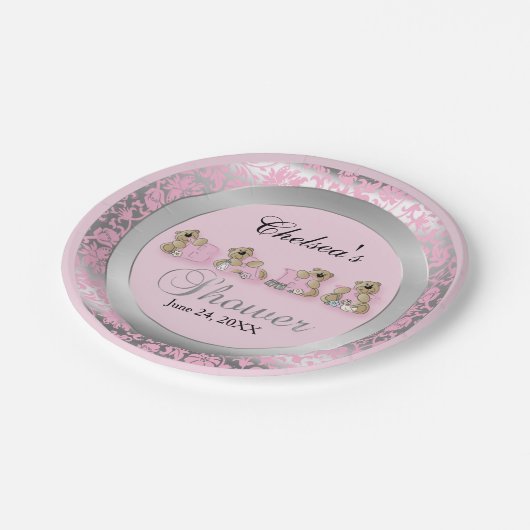Roze en Zilver Damask met Teddy Bears Papieren Bordje (Gekanteld)