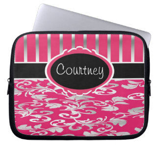 Roze en zilver Damask met zwart Laptop Sleeve