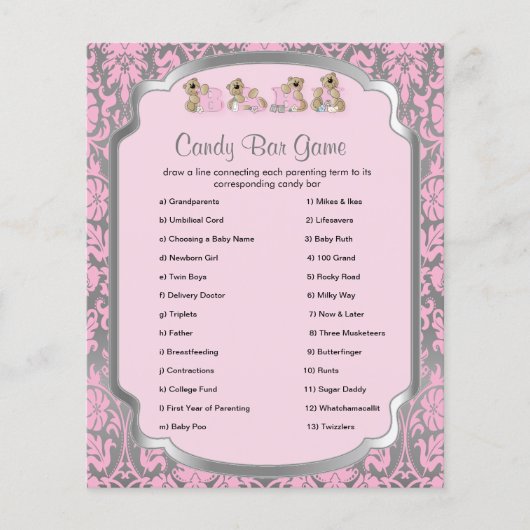 Roze en zilver Damask Teddy Bears - Snoep Game Flyer (Voorkant)